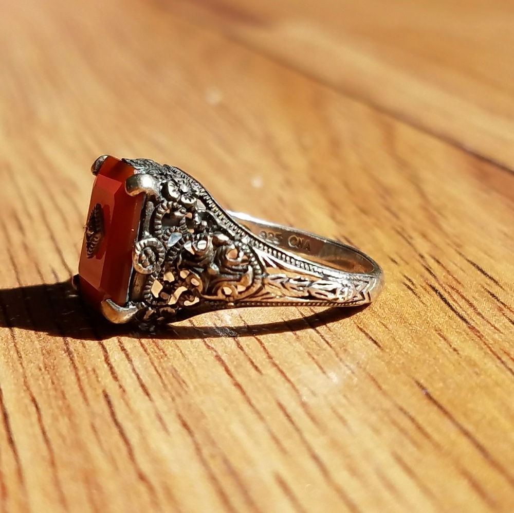 SOLD Antique Carnelian Sterling Filigree Ring - Picture 3 of 8